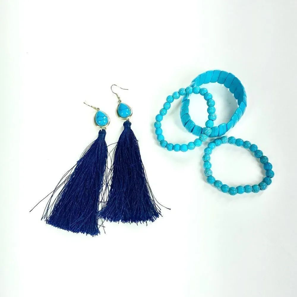Turquoise color faux stone tassel bracelet and earrings set